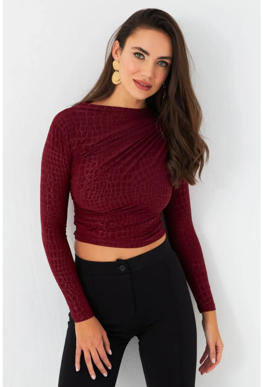 Kadın Bordo Desenli Büzgülü Bluz LPP1279