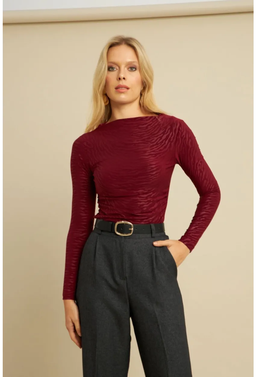 Kadın Bordo Desenli Büzgülü Bluz LPP1298