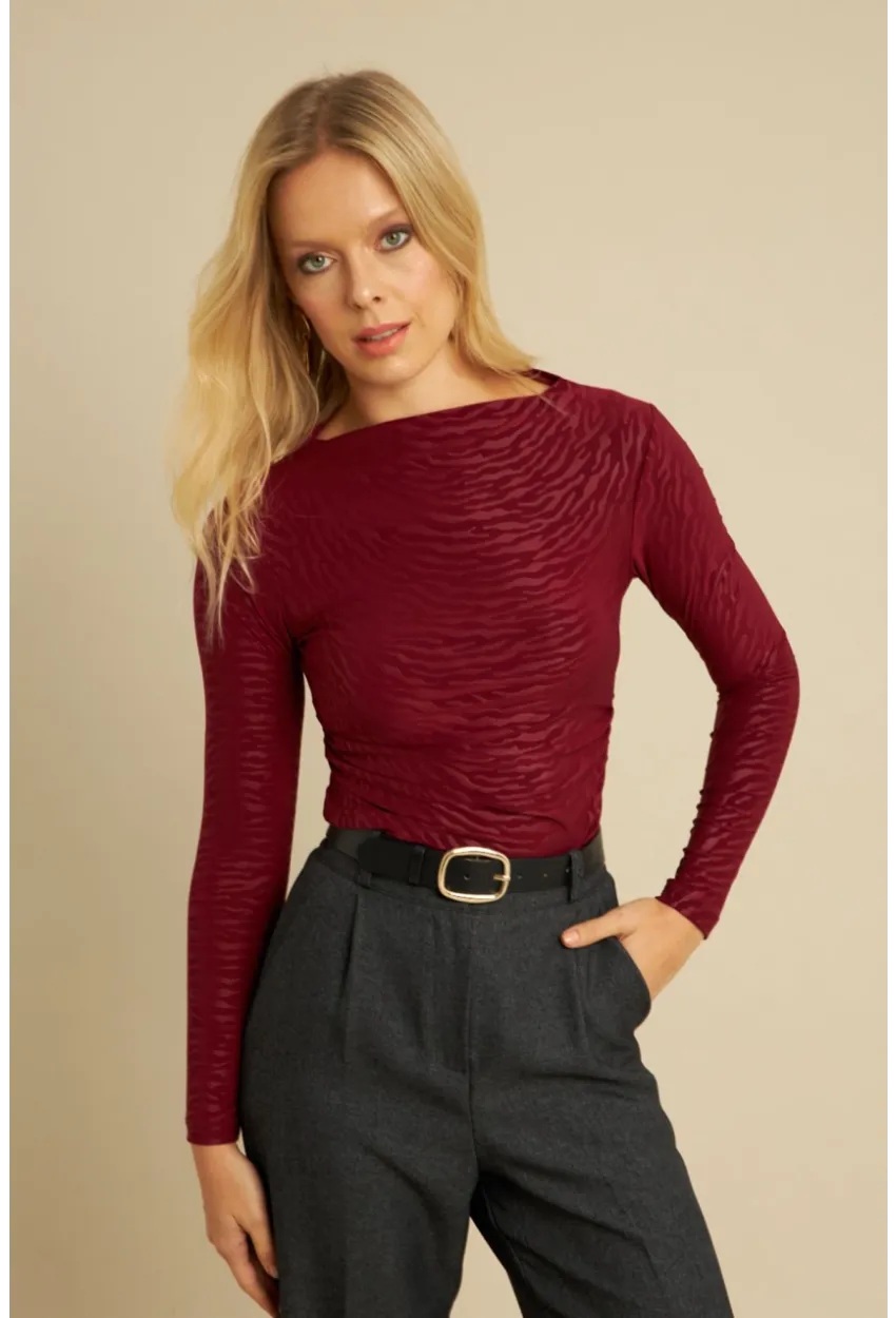 Kadın Bordo Desenli Büzgülü Bluz LPP1298