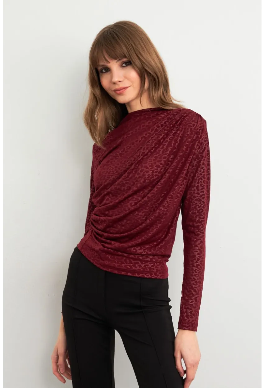 Kadın Bordo Desenli Büzgülü Bluz LPP1299