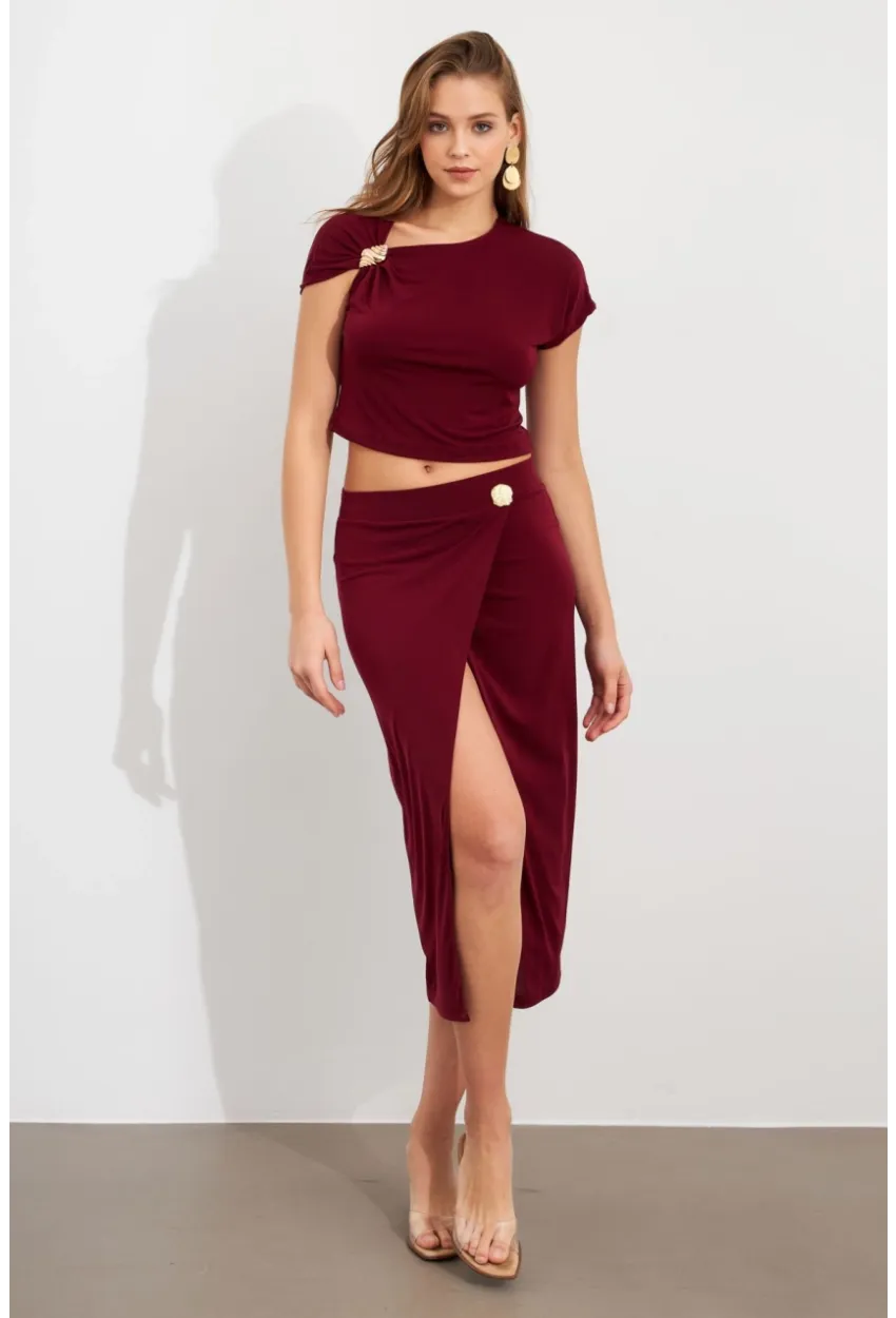 Kadın Bordo Dore Aksesuarlı İkili Takım UG7112