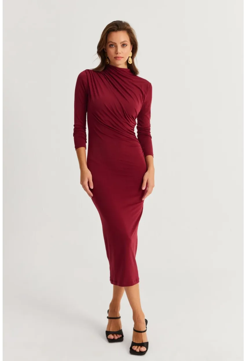 Kadın Bordo Drape Maxi Elbise DMR377