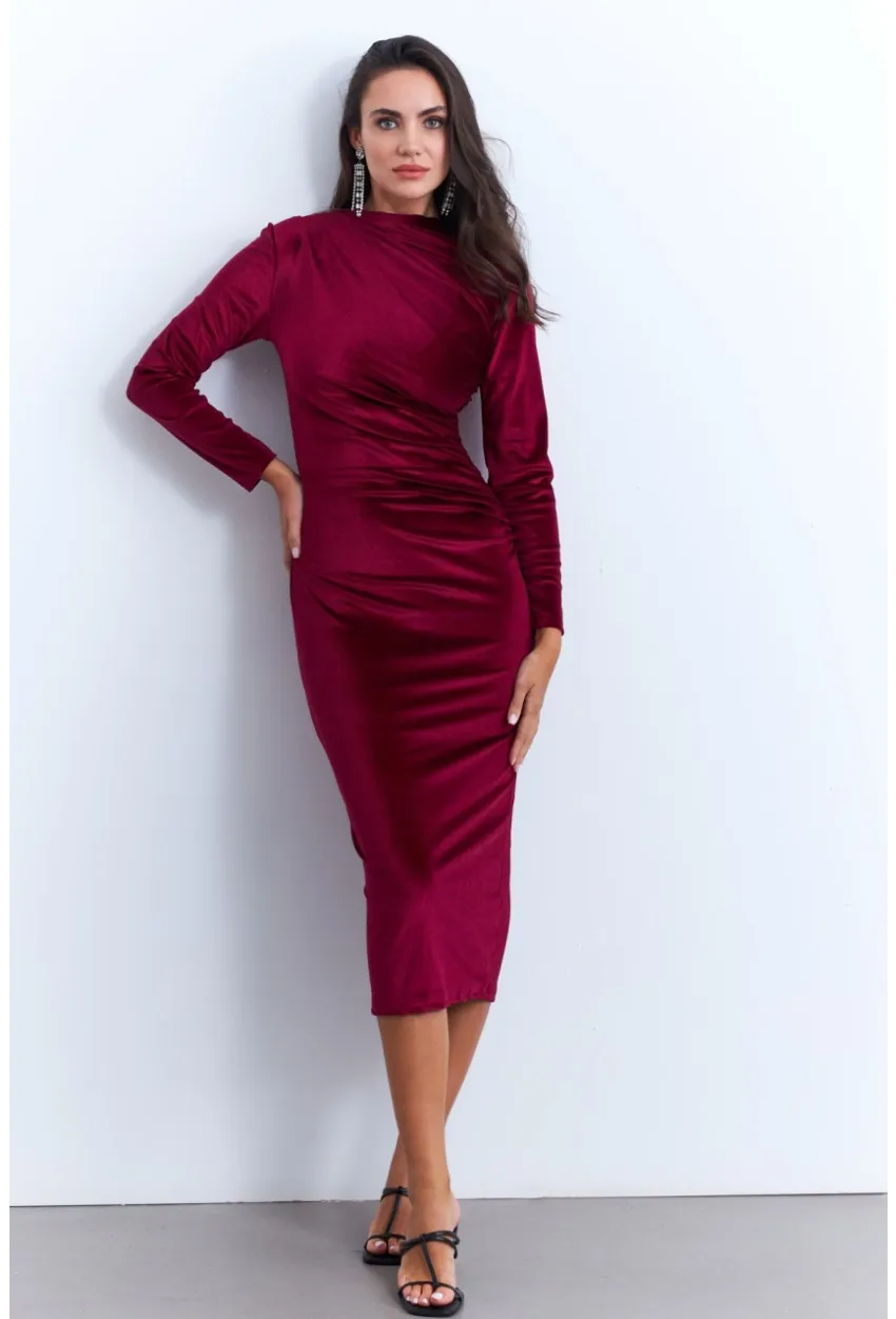 Kadın Bordo Drapeli Midi Elbise MON1113