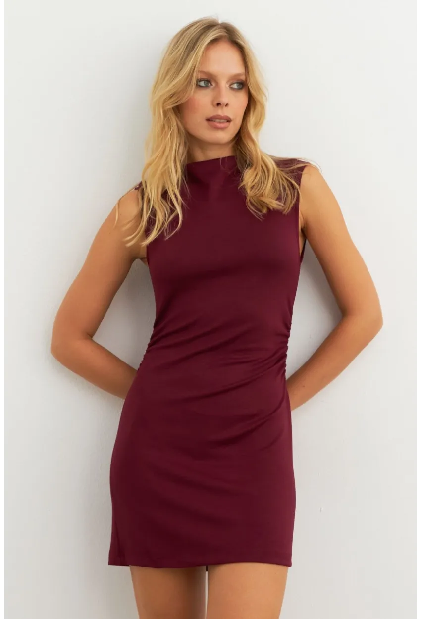Kadın Bordo Drapeli Mini Elbise SE6