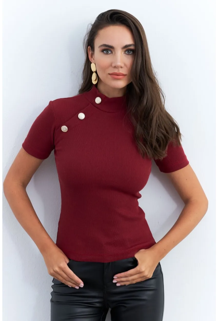 Kadın Bordo Düğme Aksesuarlı Kaşkorse Bluz EY2560