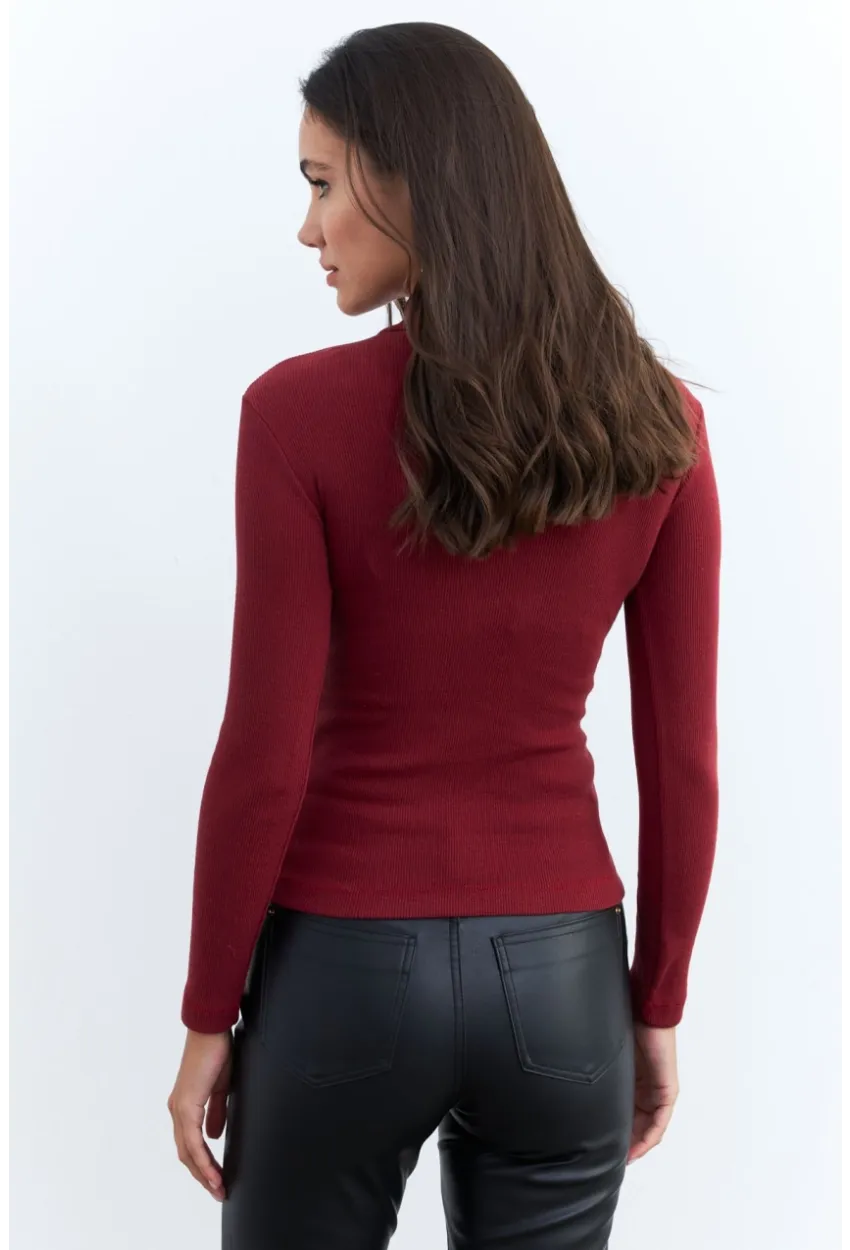 Kadın Bordo Düğme Aksesuarlı Kaşkorse Bluz EY2579