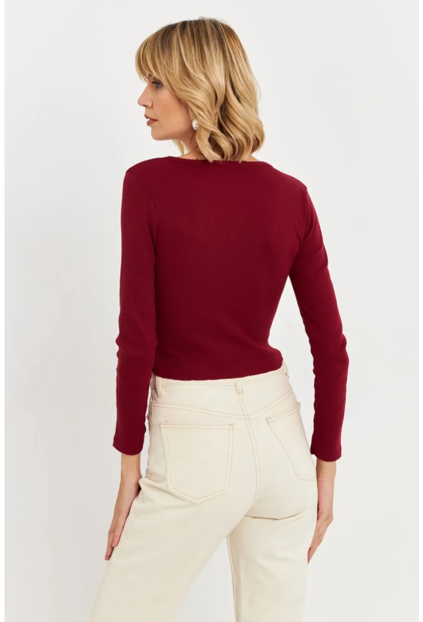 Kadın Bordo Düğme Detaylı Basic Bluz ALB3814
