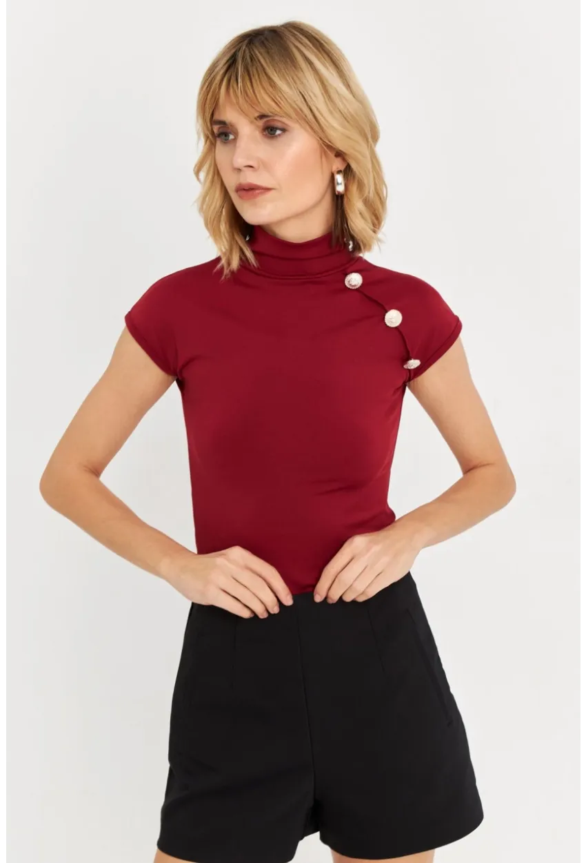 Kadın Bordo Düğme Detaylı Bluz EY3027
