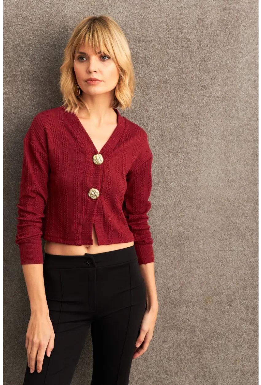 Kadın Bordo Düğme Detaylı Bluz TF57