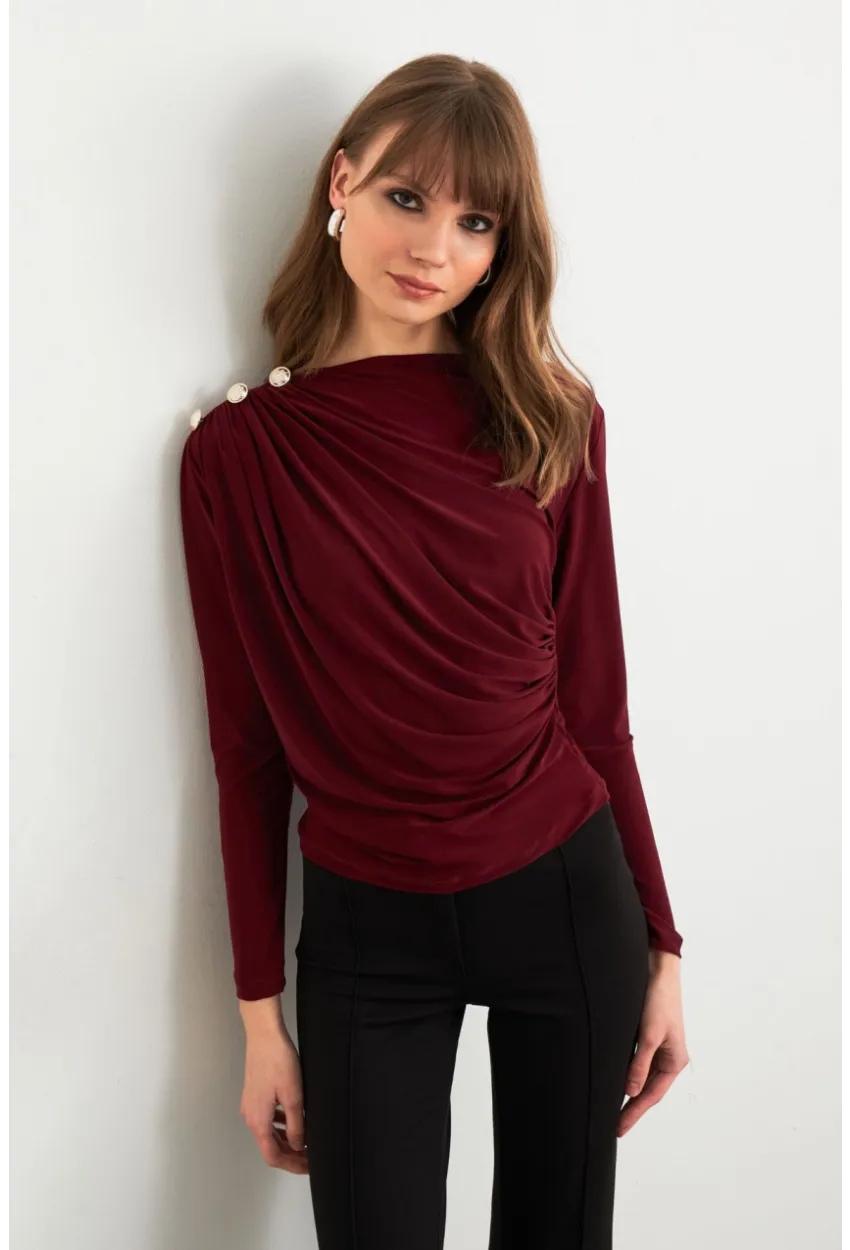 Kadın Bordo Düğme Detaylı Büzgülü Bluz LPP1223-1