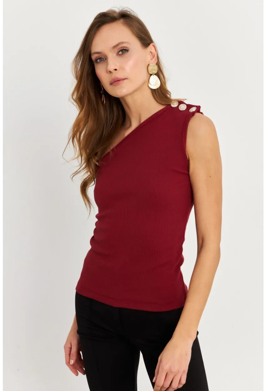 Kadın Bordo Düğme Detaylı Kaşkorse Bluz EY2711