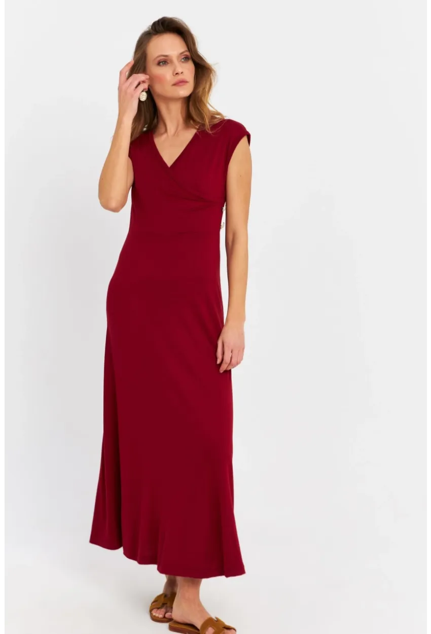 Kadın Bordo Düğme Detaylı Kruvaze Midi Elbise MEY0011
