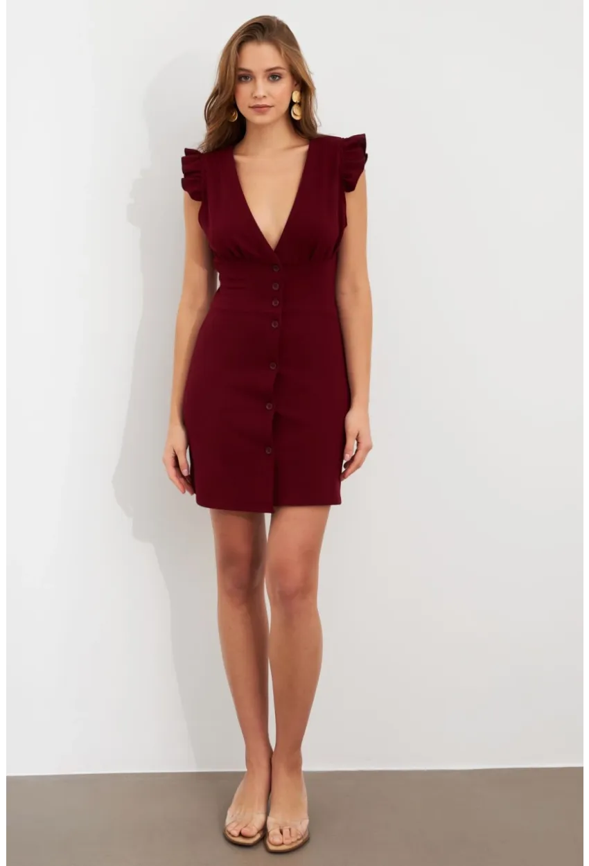 Kadın Bordo Düğme Detaylı Mini Elbise DAF5033