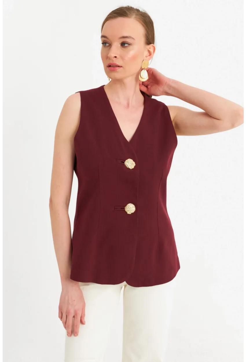 Kadın Bordo Düğme Detaylı Yelek CAR1152