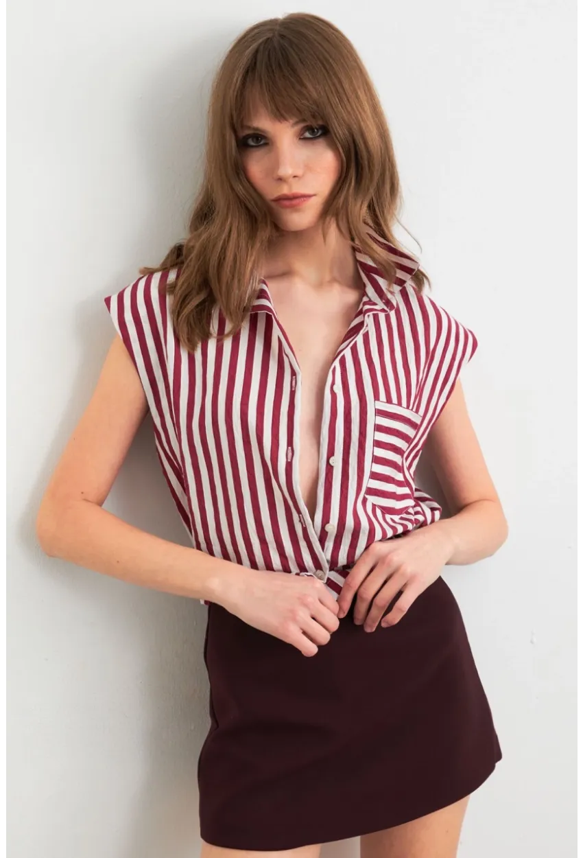 Kadın Bordo-Ekru Büzgülü Kolsuz Crop Gömlek RLO92