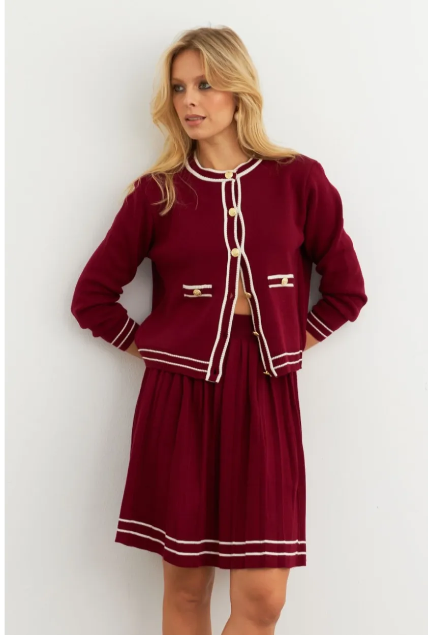 Kadın Bordo-Ekru Triko Ceket Takım SF2557
