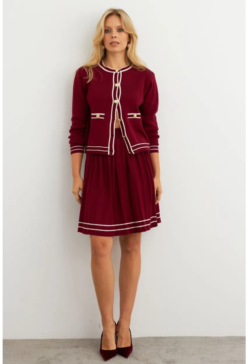 Kadın Bordo-Ekru Triko Ceket Takım SF2557