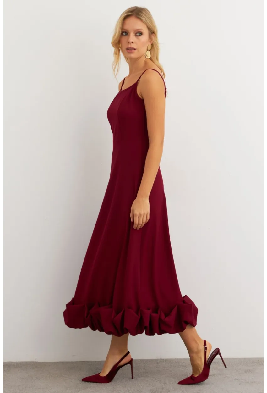 Kadın Bordo Eteği Fırfırlı Şık Maxi Elbise FRY2266