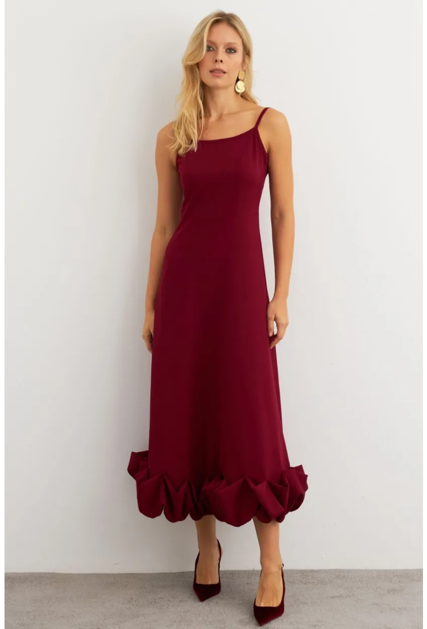 Kadın Bordo Eteği Fırfırlı Şık Maxi Elbise FRY2266