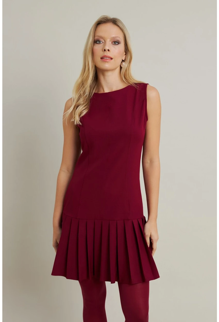 Kadın Bordo Etegi Pileli Mini Elbise FRY2265