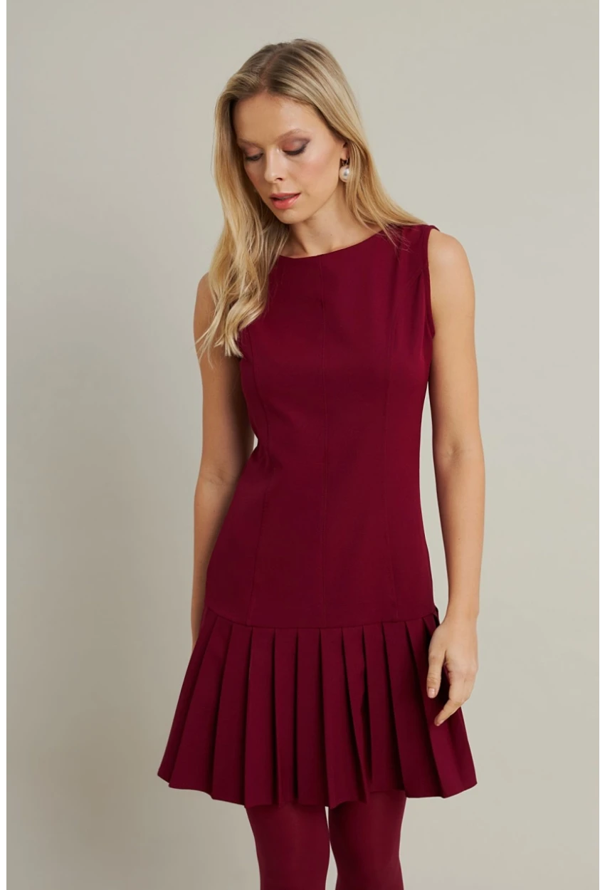 Kadın Bordo Etegi Pileli Mini Elbise FRY2265