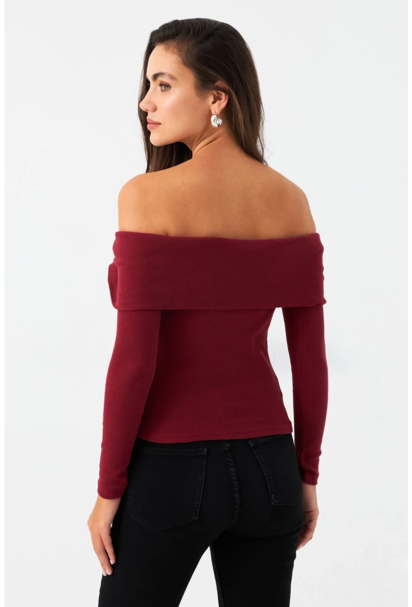 Kadın Bordo Fermuarlı Madonna Yaka Bluz EY2559