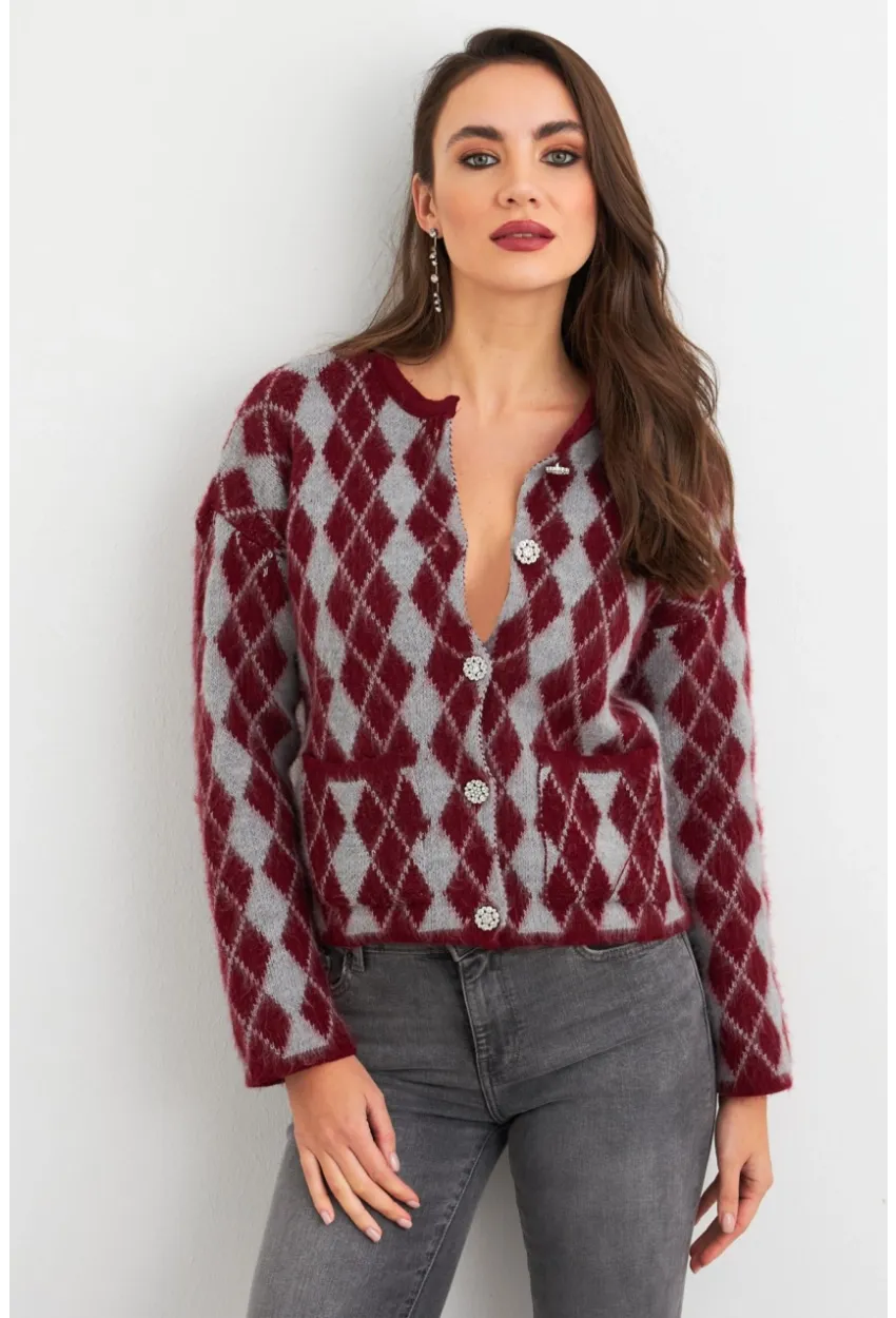 Kadın Bordo-Gri Düğme Detaylı Hırka ELT12022
