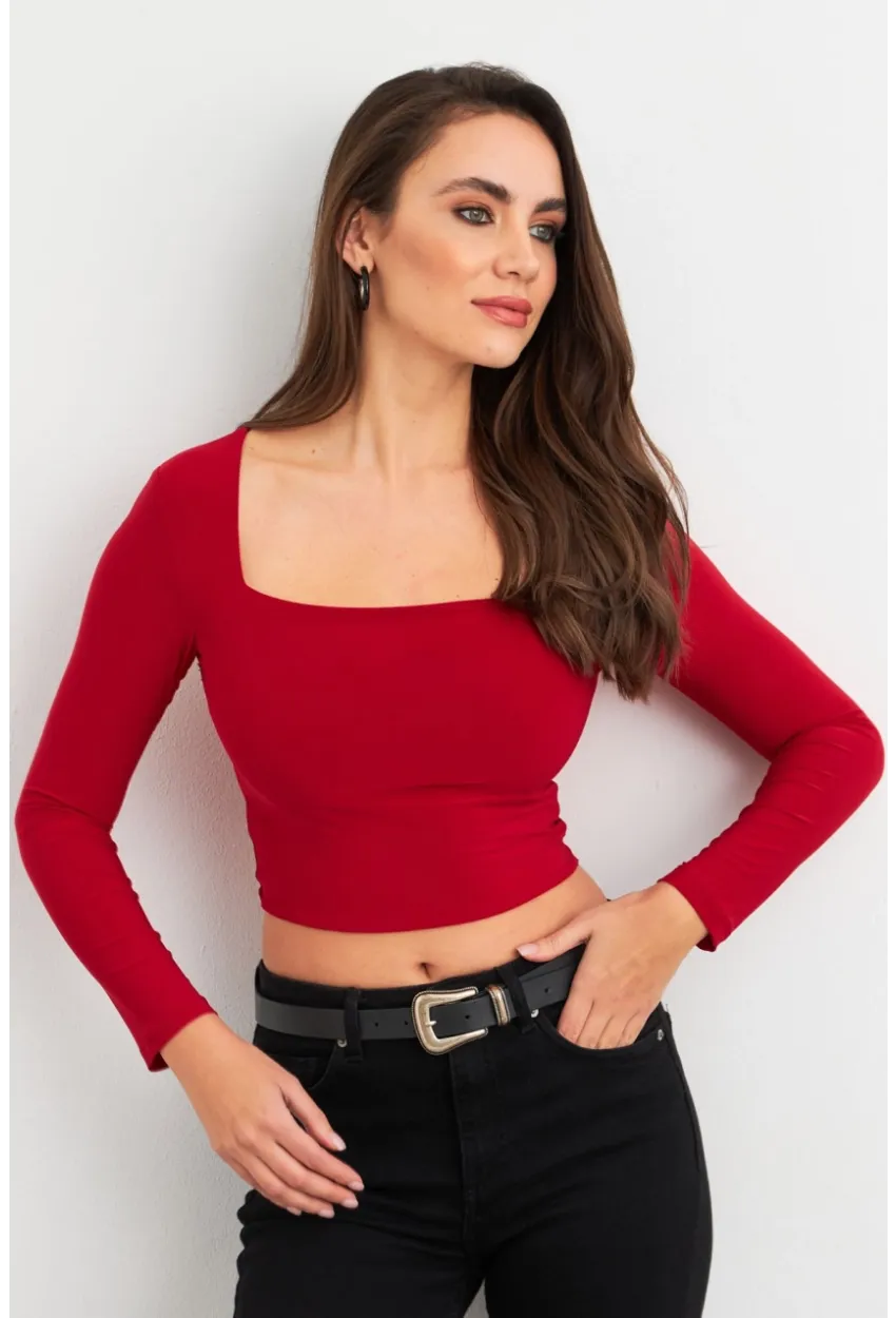 Kadın Bordo Kare Yaka Crop Bluz ELT2586