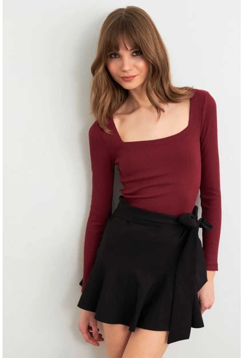 Kadın Bordo Kare Yaka Kaşkorse Bluz GA101