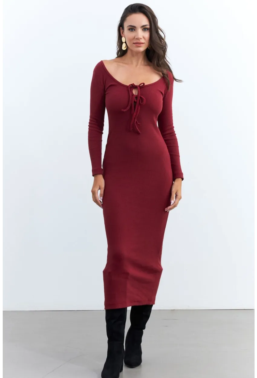 Kadın Bordo Kaşkorse Maxi Elbise EY1513