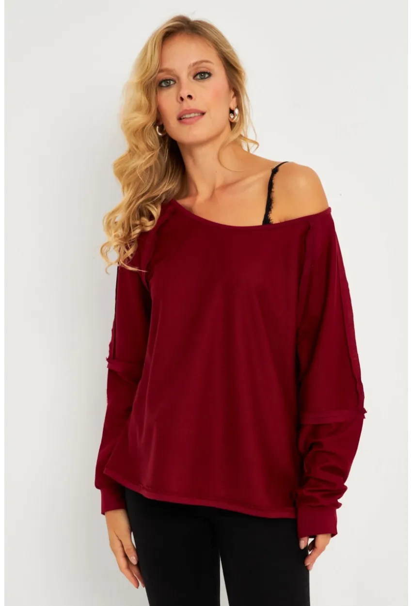 Kadın Bordo Kayık Yaka Ters Dikişli Sweatshirt TF10