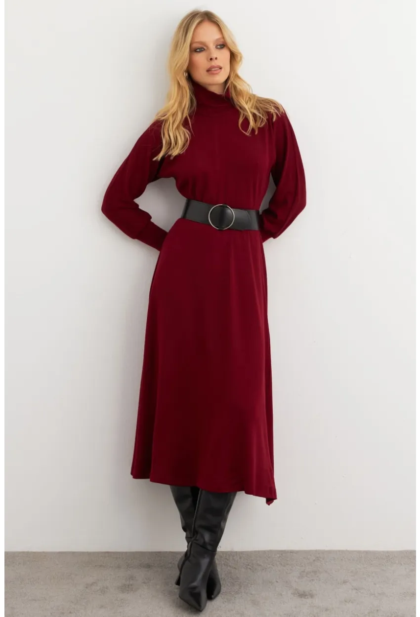 Kadın Bordo Kemerli Balıkçı Yaka Elbise MKSD992