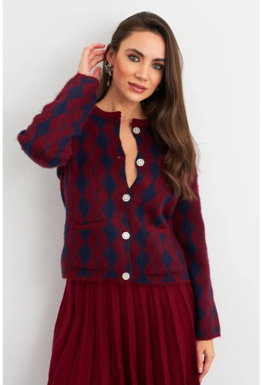 Kadın Bordo-Lacivert Düğme Detaylı Hırka ELT12022