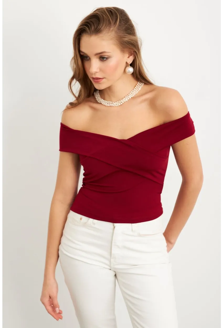 Kadın Bordo Madonna Yaka Crop Bluz VA101