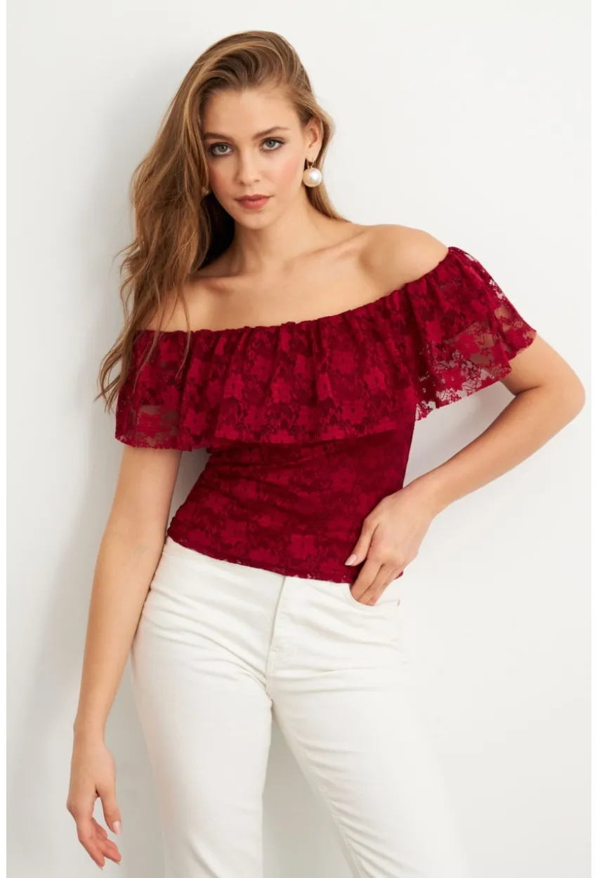 Kadın Bordo Madonna Yaka Dantel Bluz MTK13549