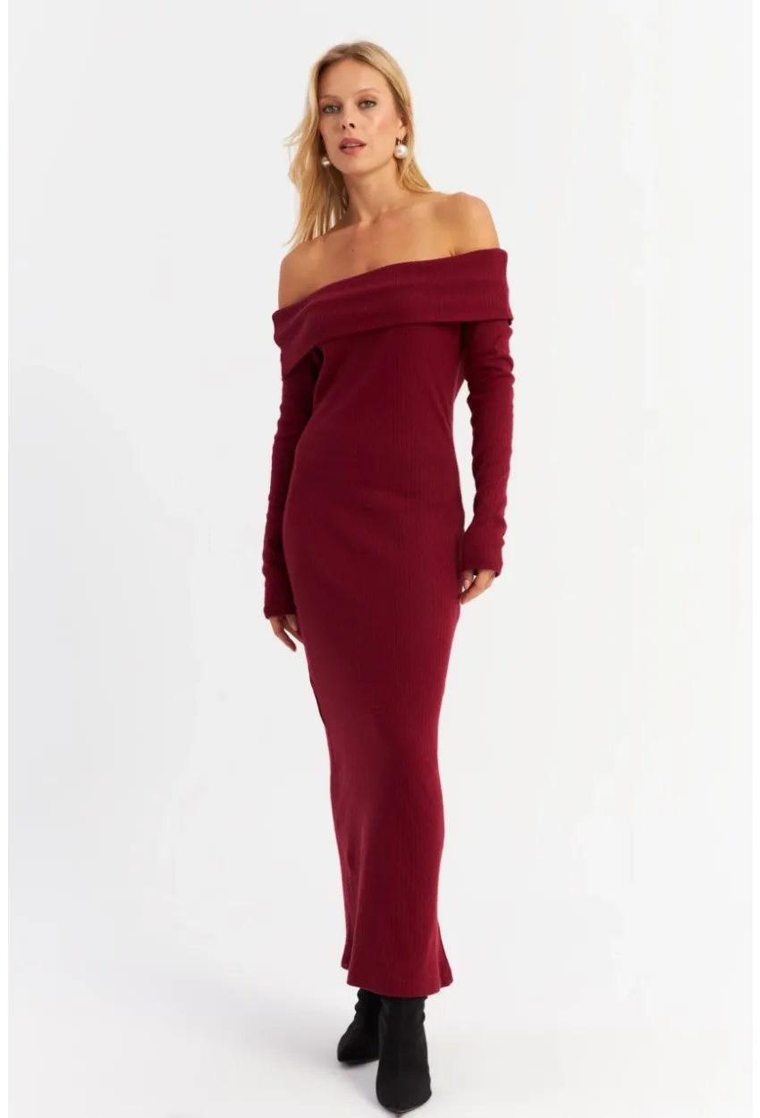 Kadın Bordo Madonna Yaka Kaşkorse Maxi Elbise HOL1