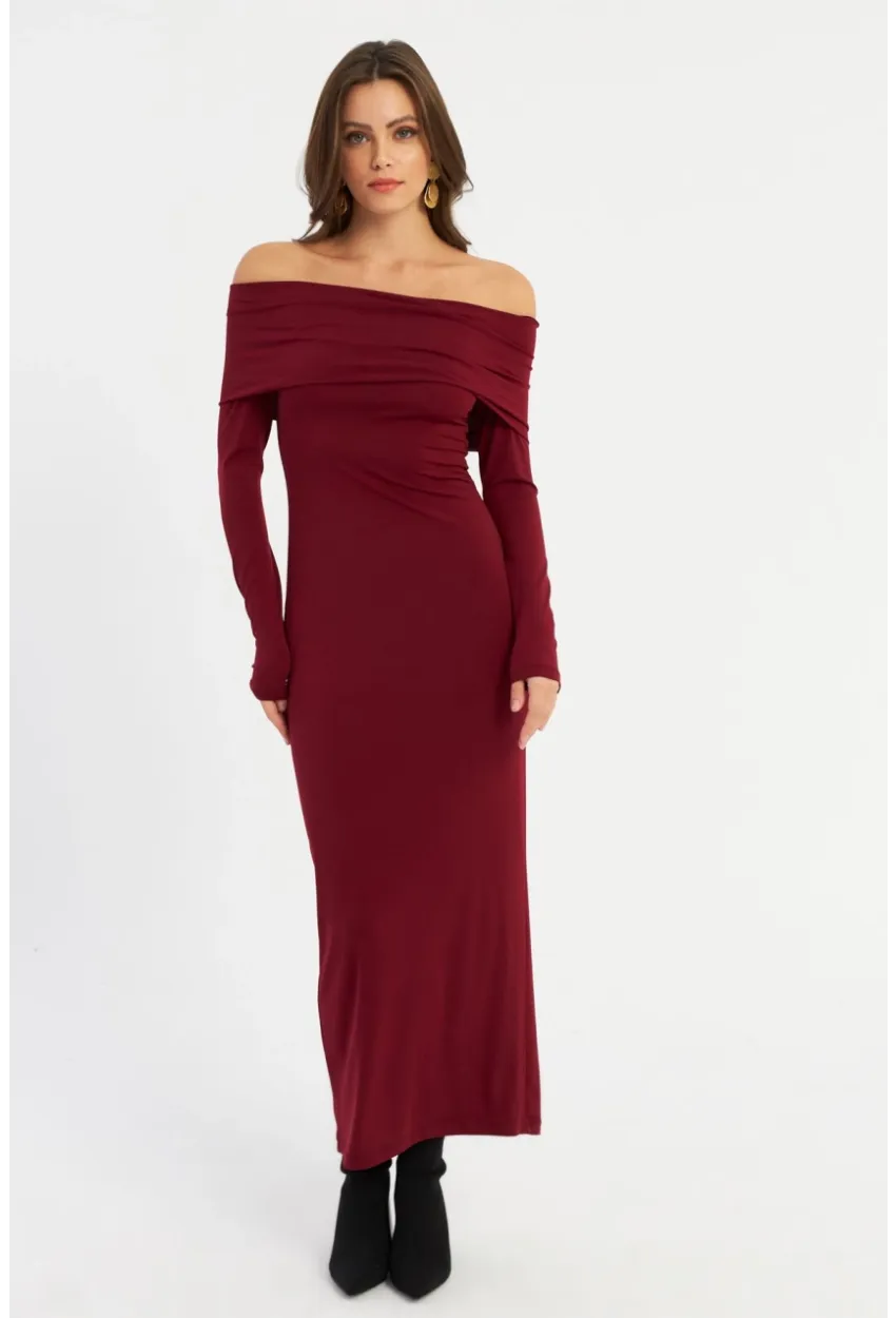 Kadın Bordo Madonna Yaka Maxi Elbise LİK10