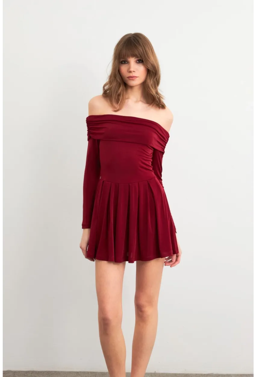 Kadın Bordo Madonna Yaka Midi Elbise MON1262