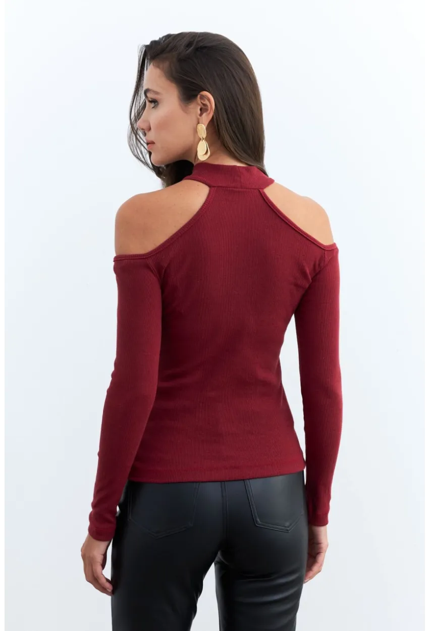 Kadın Bordo Omuzları Açık Kaşkorse Bluz EY2590