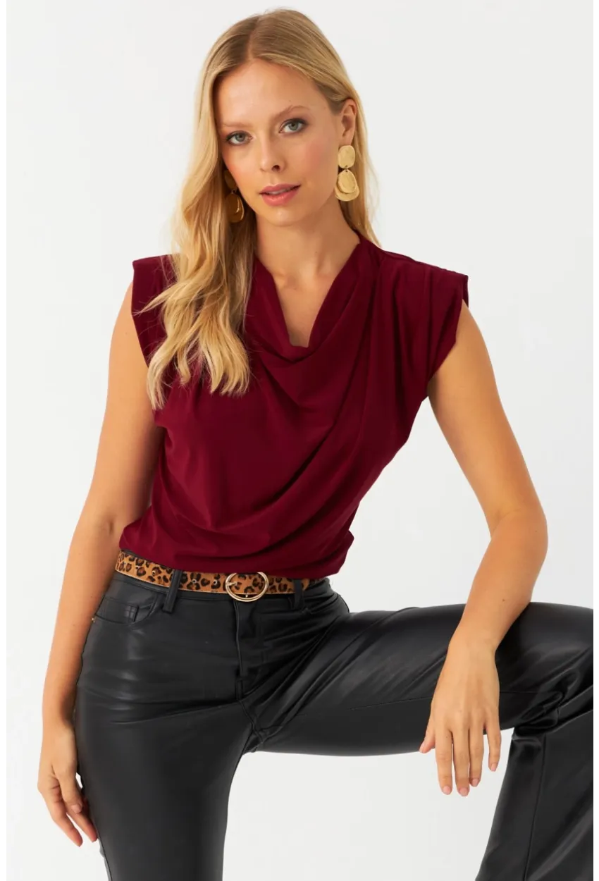 Kadın Bordo Omuzları Vatkalı Degaje Bluz ELT3234