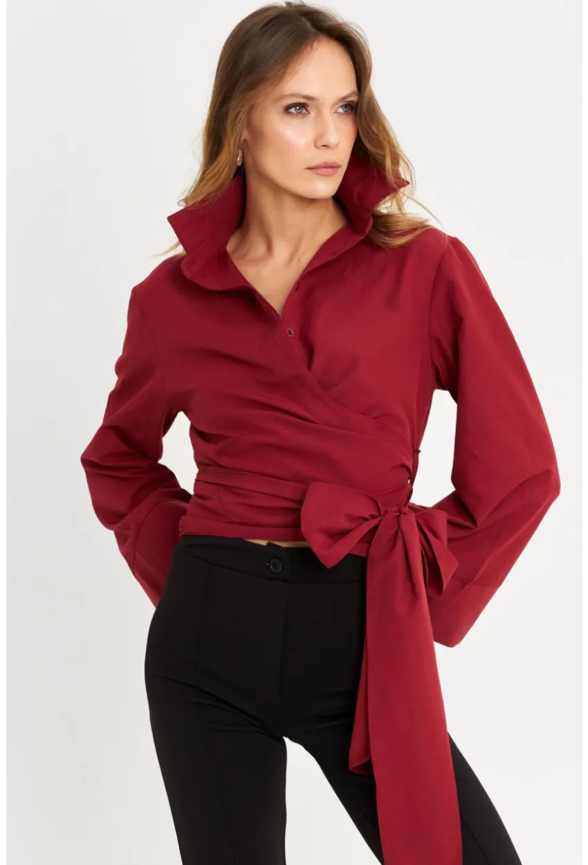 Kadın Bordo Önü Bağlamalı İspanyol Kol Gömlek MON142
