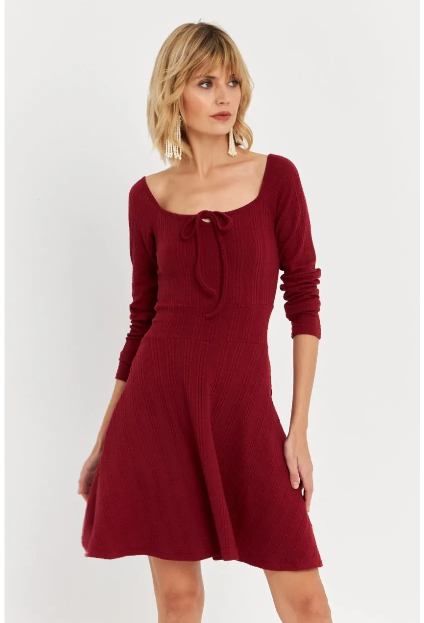Kadın Bordo Önü Bağlamalı Mini Elbise TF59