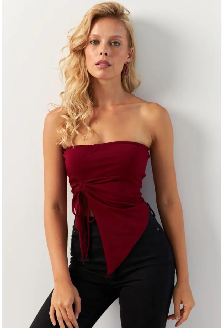 Kadın Bordo Önü Büzgülü Crop Bluz MON138