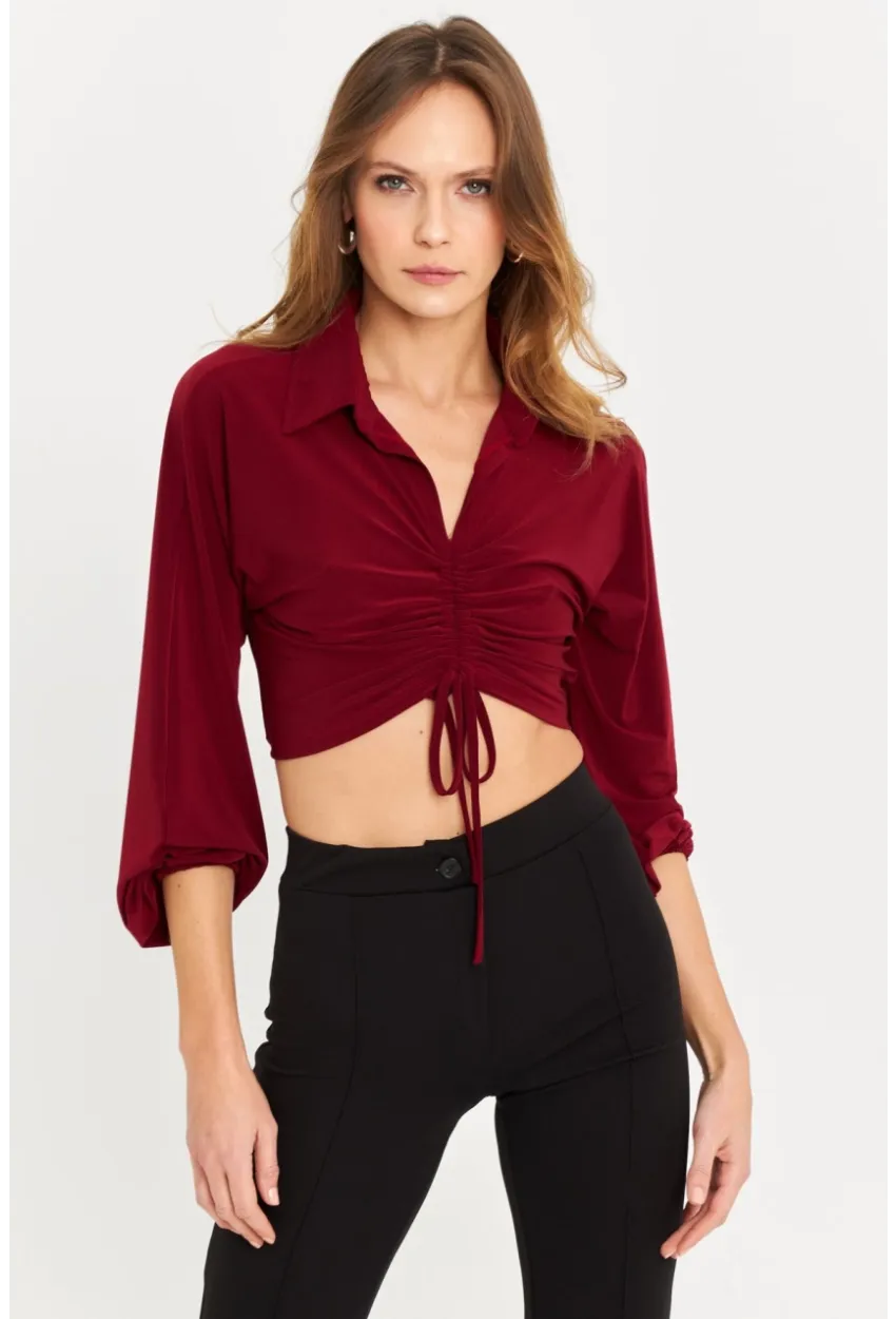 Kadın Bordo Önü Büzgülü Crop Bluz MRS103