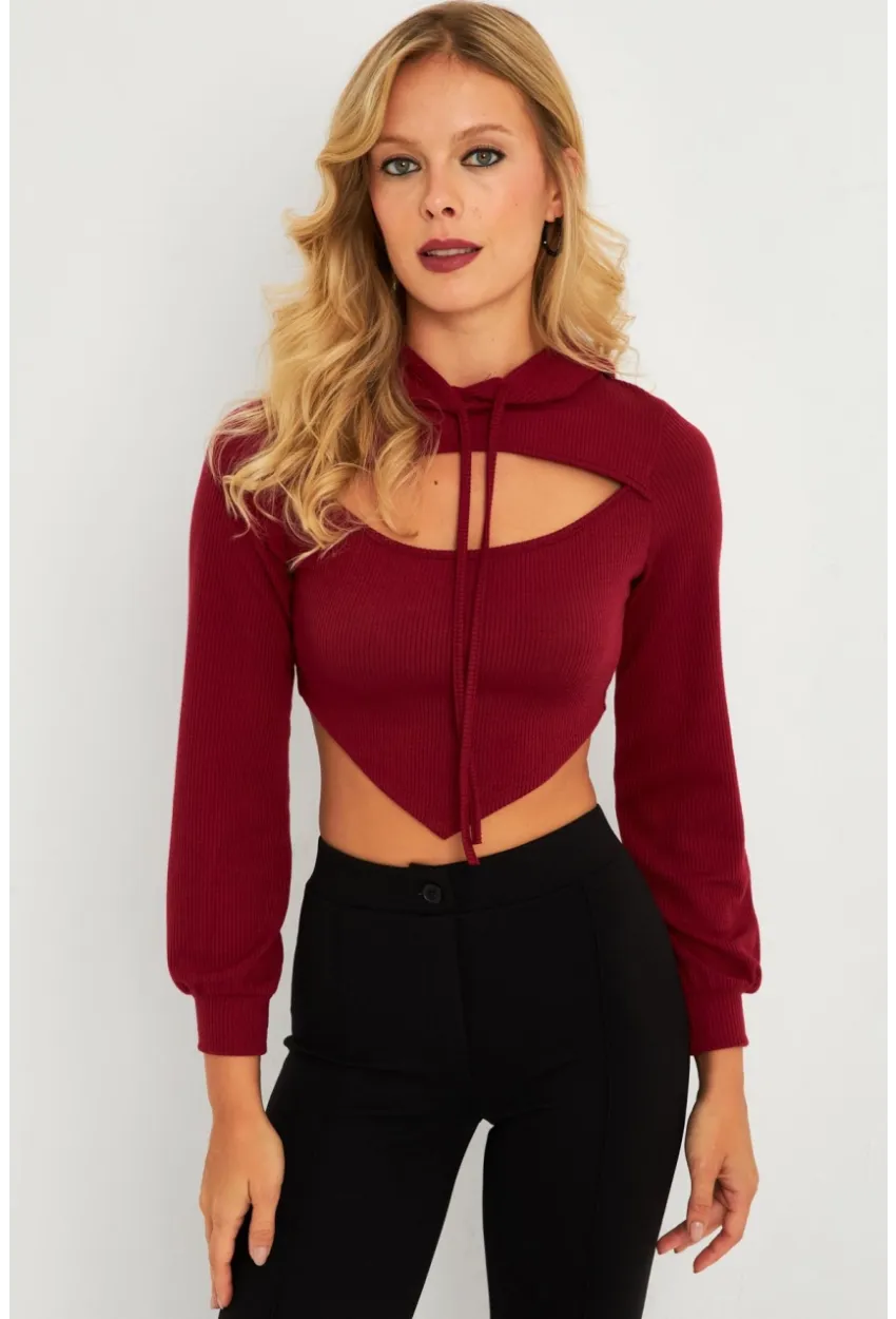 Kadın Bordo Pencereli Kapüşonlu Crop Bluz TF08