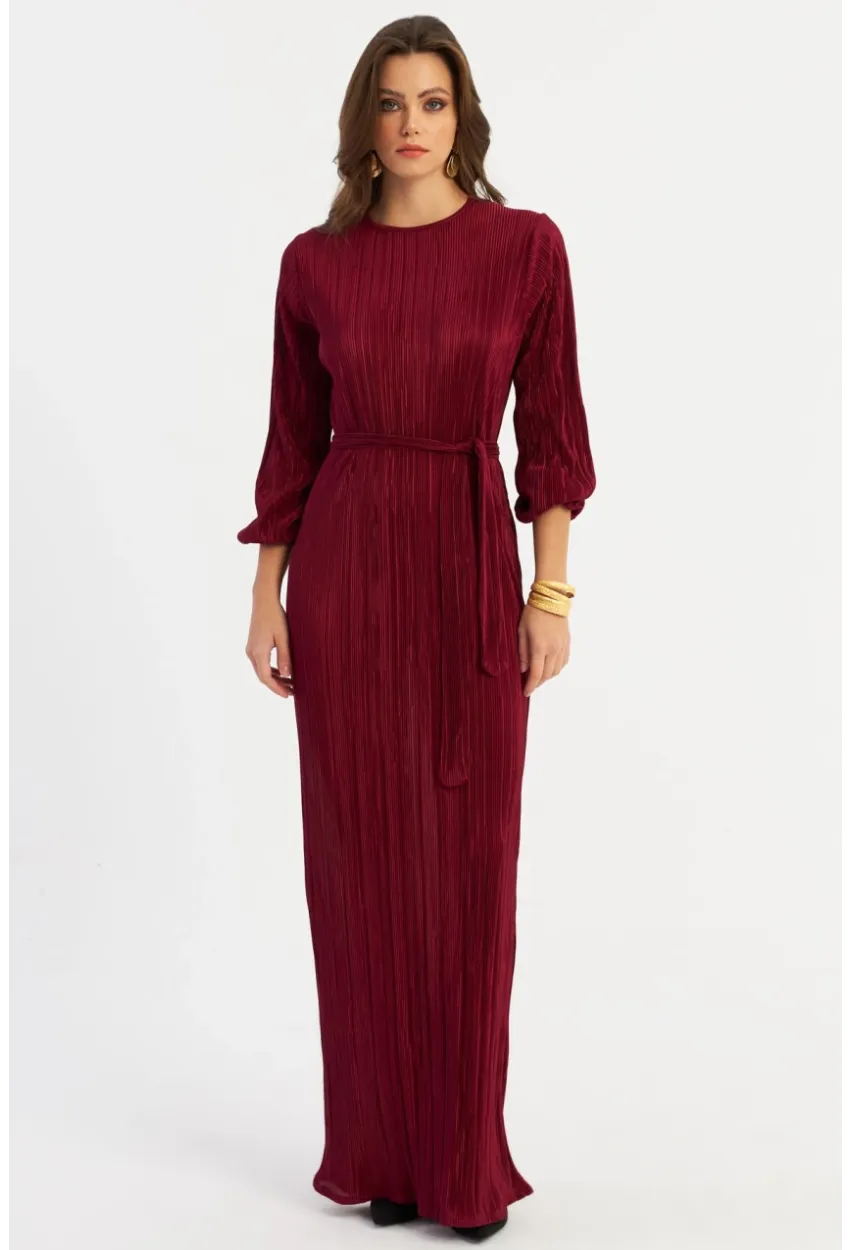Kadın Bordo Pilise Maxi Elbise MGÇ192