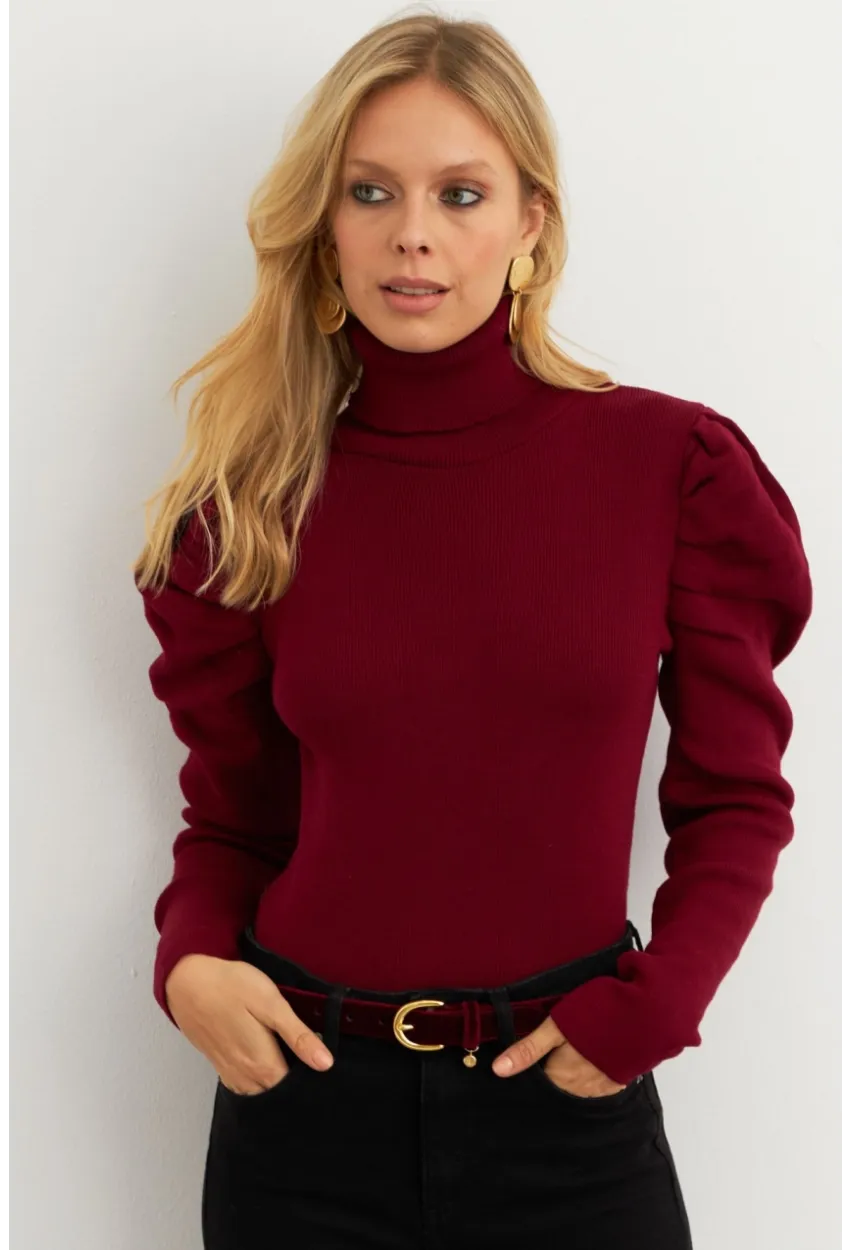 Kadın Bordo Prenses Kol Balıkçı Yaka Triko Bluz SF2555
