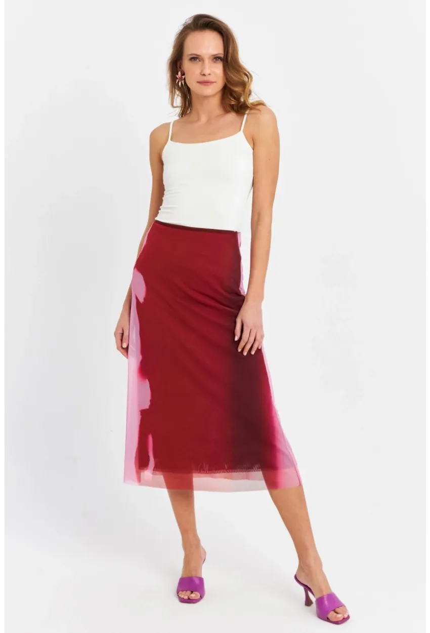 Kadın Bordo-Pudra Kontrast Renkli Tül Etek ZH11
