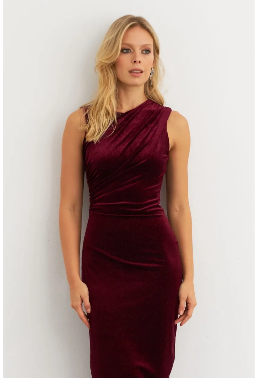 Kadın Bordo Simli Drapeli Maxi Elbise KED4481