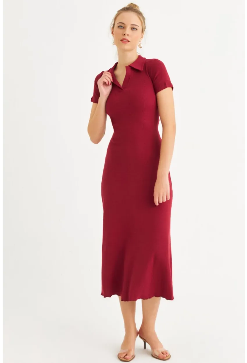 Kadın Bordo Sırt Bağlamalı Kaşkorse Midi Elbise MFRY0001
